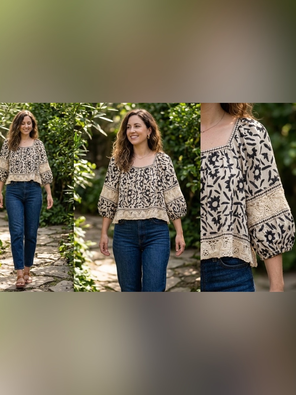 Christian Siriano Boho Linen Blend Embroidered Square Neck Puff Sleeve Blouse L